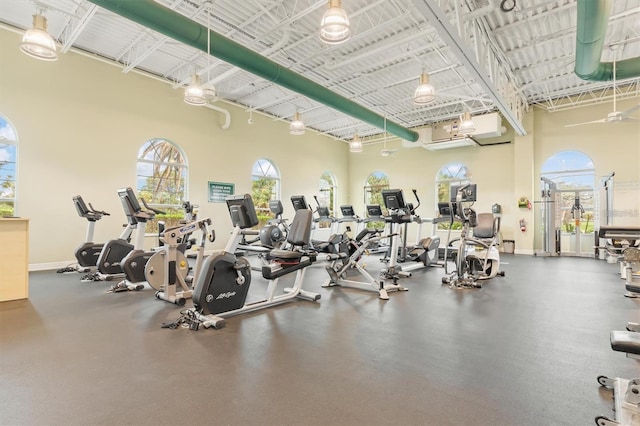 gym featuring a towering ceiling