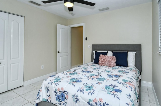 bedroom with ceiling fan and a closet