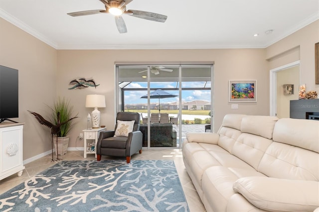 tiled living room featuring ceiling fan and ornamental molding