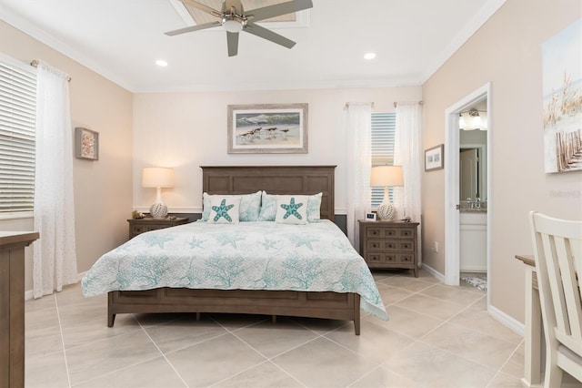 tiled bedroom featuring ornamental molding, ensuite bath, and ceiling fan