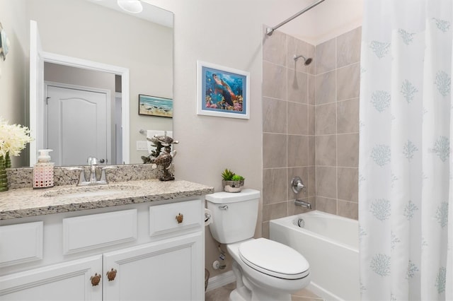 full bathroom featuring vanity, toilet, and shower / bathtub combination with curtain