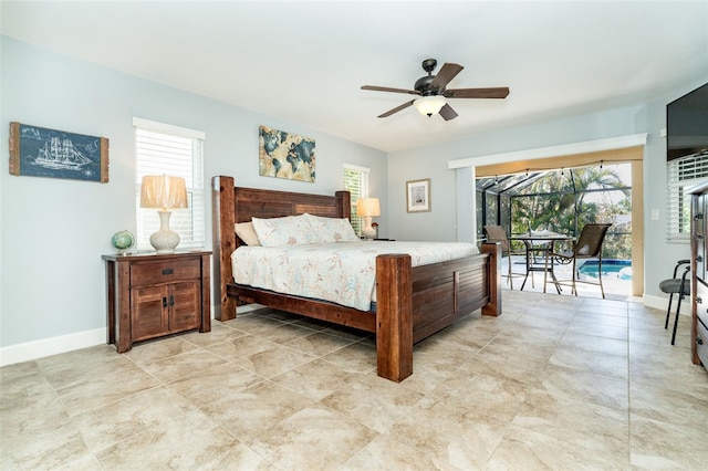 bedroom with ceiling fan and access to exterior