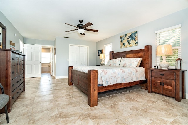 bedroom featuring ceiling fan, a closet, and multiple windows