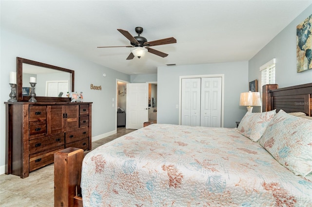 bedroom featuring ceiling fan and a closet