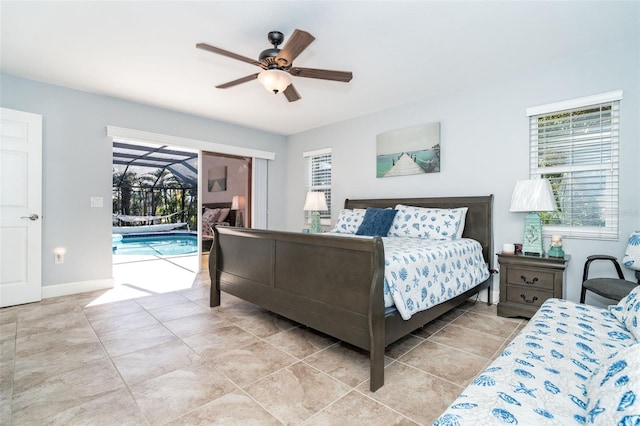 tiled bedroom with access to outside and ceiling fan