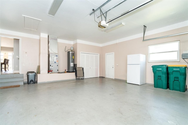 garage with a garage door opener, white fridge, electric water heater, and heating unit