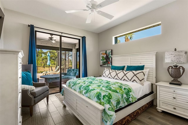 bedroom with ceiling fan, dark wood-type flooring, access to exterior, and multiple windows