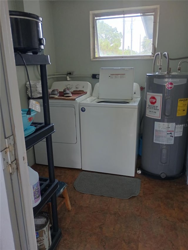 laundry area featuring electric water heater and washer and clothes dryer