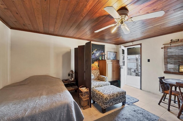 tiled bedroom featuring wooden ceiling and ceiling fan