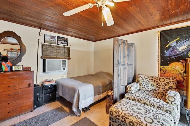 tiled bedroom with ornamental molding, cooling unit, wooden ceiling, and ceiling fan