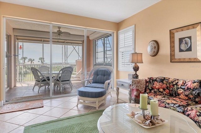 living room with tile patterned flooring