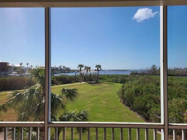 view of yard with a water view