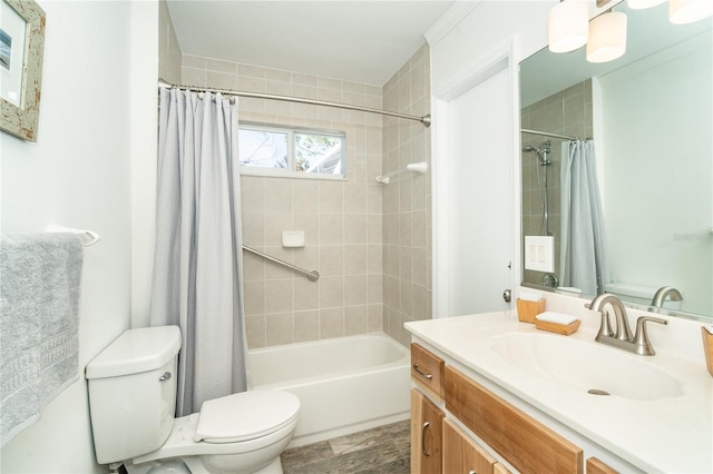 full bathroom featuring vanity, shower / tub combo with curtain, and toilet