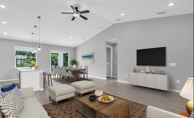 living room featuring sink, lofted ceiling, and hardwood / wood-style floors