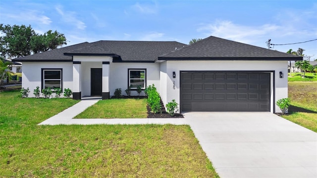 220 Mark Twain Ln, Rotonda West, FL 33947 - view of front facade with roof with shingles, stucco siding, a front lawn, and a garage