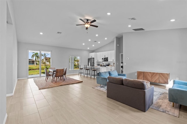 220 Mark Twain Ln, Rotonda West, FL 33947 - living room featuring visible vents, a ceiling fan, vaulted ceiling, and recessed lighting