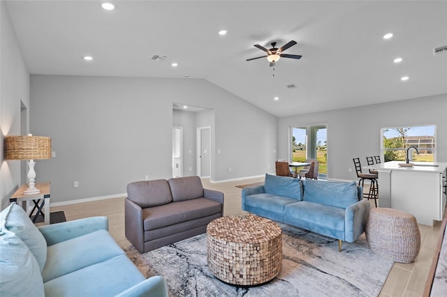 220 Mark Twain Ln, Rotonda West, FL 33947 - living area with visible vents, a ceiling fan, lofted ceiling, and recessed lighting