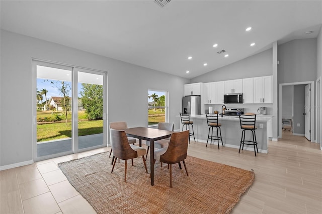 220 Mark Twain Ln, Rotonda West, FL 33947 - dining space featuring recessed lighting, baseboards, visible vents, and high vaulted ceiling