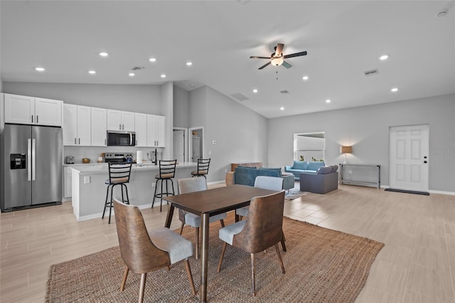 220 Mark Twain Ln, Rotonda West, FL 33947 - dining room featuring recessed lighting, ceiling fan, visible vents, and high vaulted ceiling