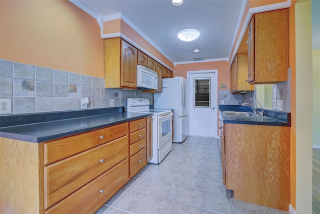 kitchen featuring ornamental molding, sink, backsplash, and white appliances