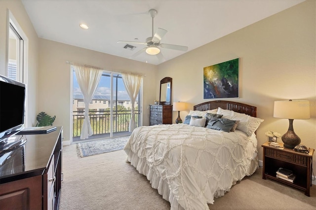 carpeted bedroom featuring access to exterior and ceiling fan