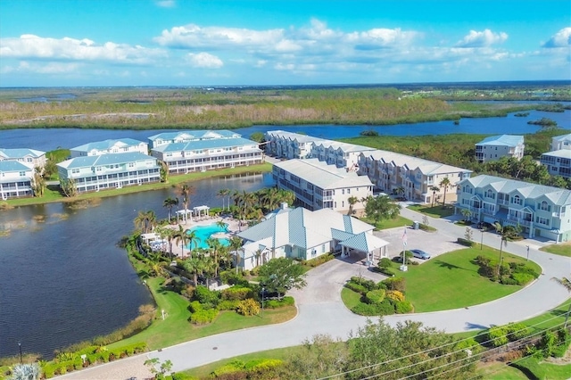 drone / aerial view featuring a water view