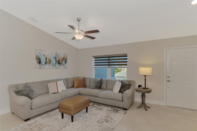 living room with light hardwood / wood-style floors, lofted ceiling, and ceiling fan