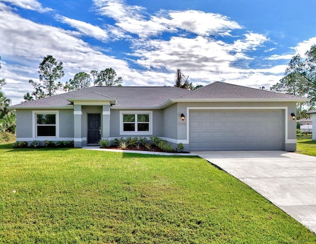 ranch-style house with a front yard and a garage