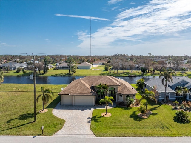 drone / aerial view featuring a water view