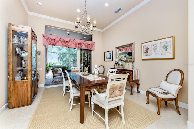 tiled dining area featuring a notable chandelier and crown molding