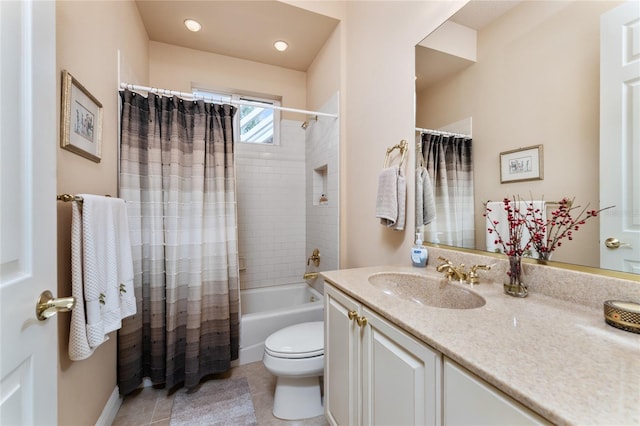 full bathroom with toilet, shower / tub combo, vanity, and tile patterned flooring