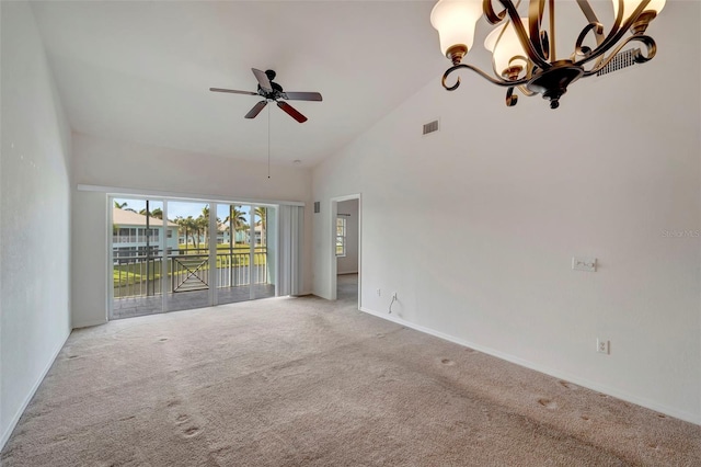 interior space featuring high vaulted ceiling, carpet, and ceiling fan with notable chandelier