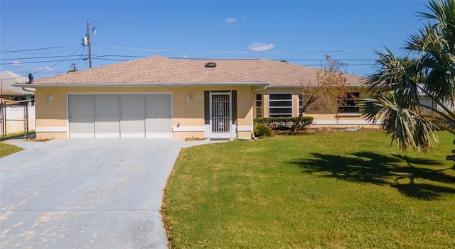 single story home featuring a front lawn and a garage