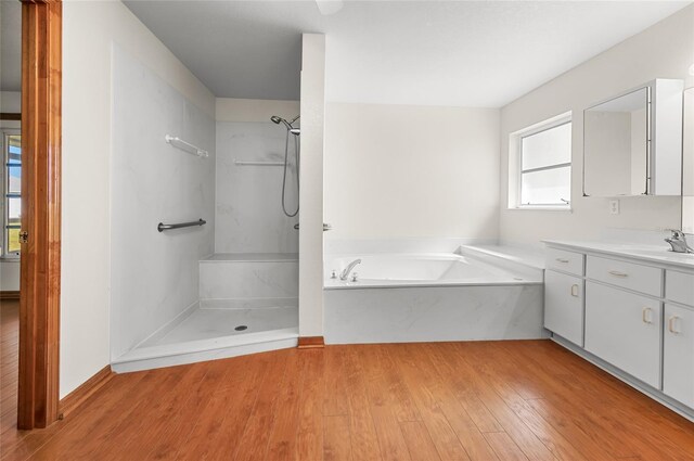 bathroom featuring vanity, independent shower and bath, and hardwood / wood-style flooring