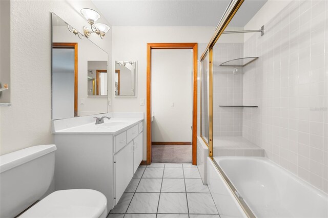 full bathroom with vanity, shower / bath combination with glass door, and toilet