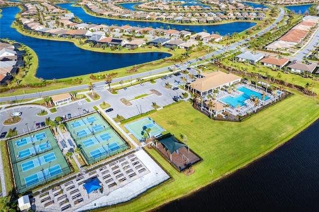 aerial view featuring a water view and a residential view