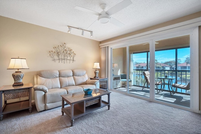 living room with carpet flooring, ceiling fan, rail lighting, and a textured ceiling