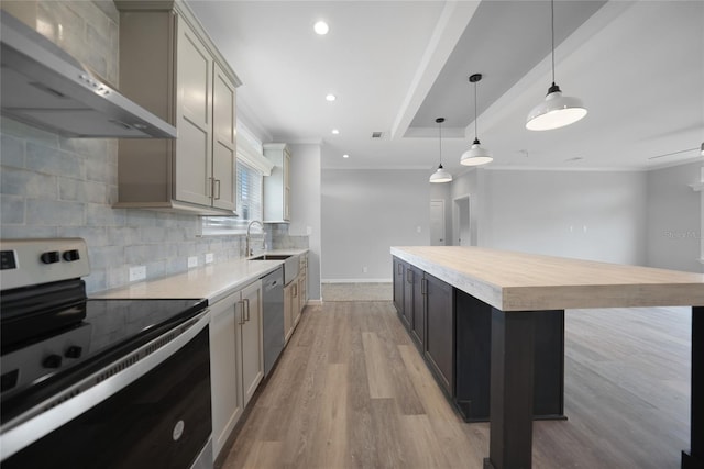 19196 Raymond Ave, Port Charlotte, FL 33954 - kitchen with stainless steel electric range, wall chimney exhaust hood, light wood-style floors, tasteful backsplash, and dishwasher