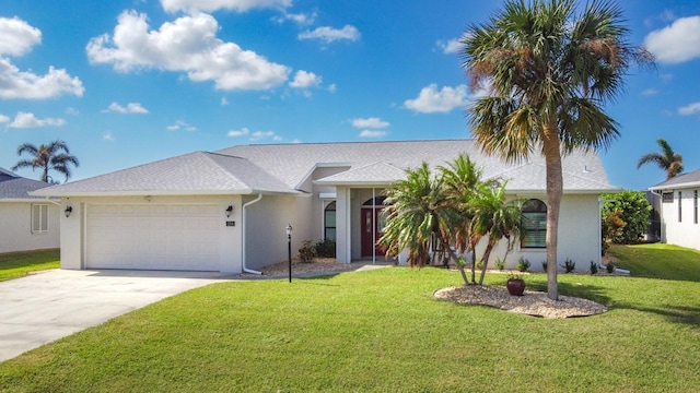 single story home with a front yard and a garage