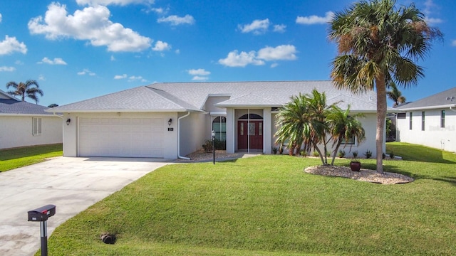 ranch-style house featuring a front lawn and a garage