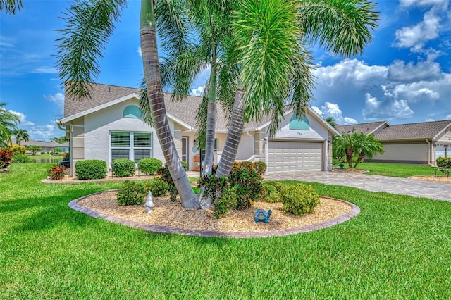 view of front of home with a garage and a front lawn