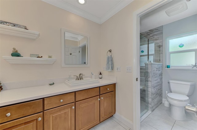 bathroom with a shower with shower door, toilet, vanity, crown molding, and tile patterned flooring