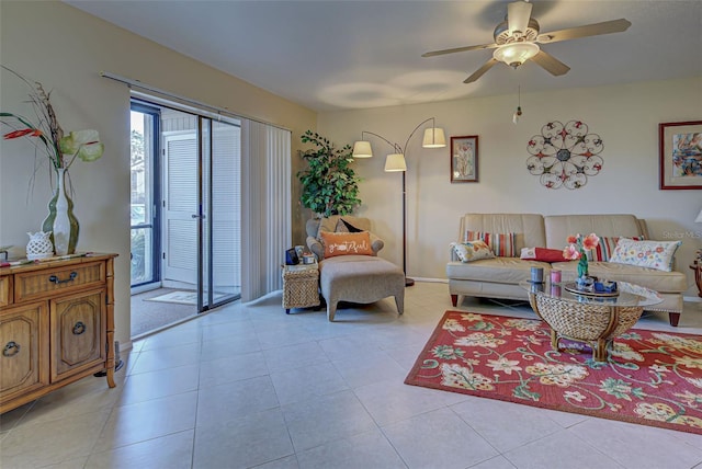 tiled living room with ceiling fan