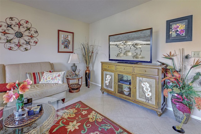 living room featuring light tile patterned flooring