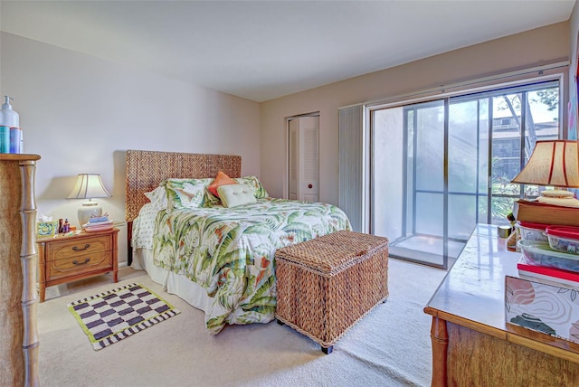 bedroom featuring light carpet, access to exterior, and a closet