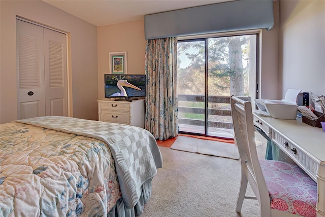 bedroom featuring a closet, carpet, multiple windows, and access to exterior