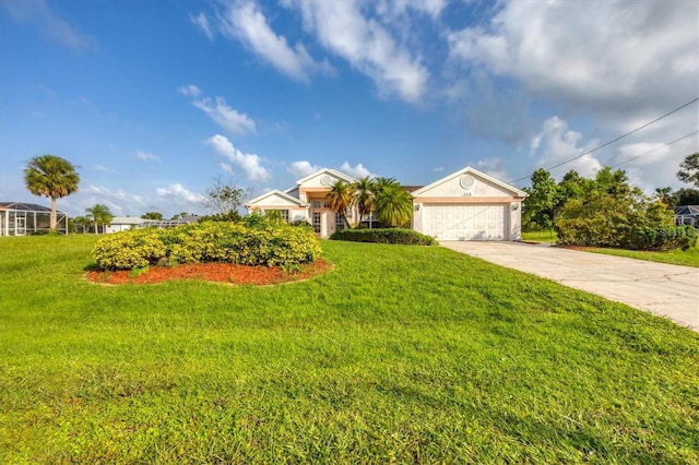 ranch-style home featuring a front yard and a garage