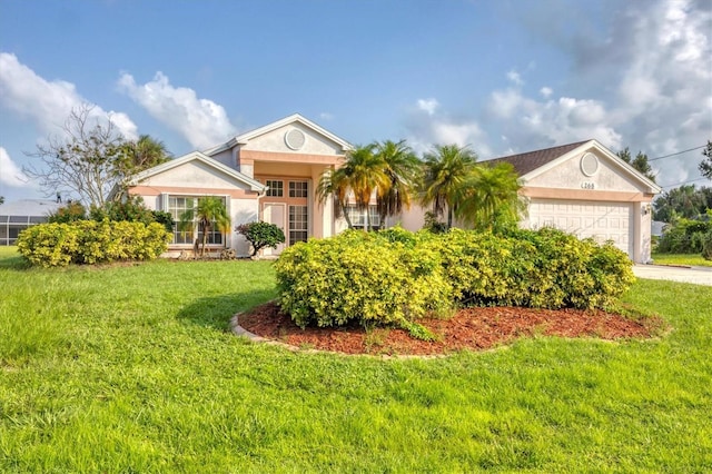 single story home with a front lawn and a garage