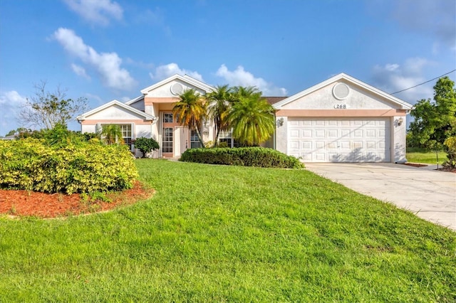 ranch-style house featuring a front lawn and a garage