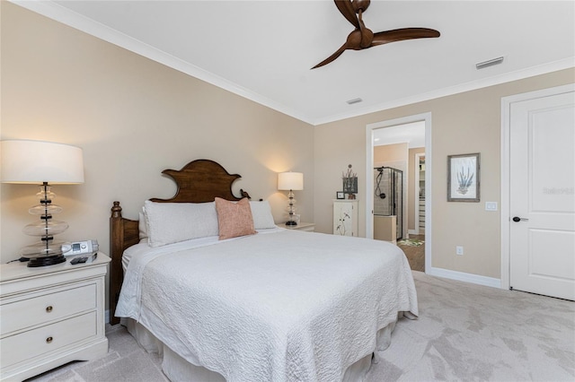 13077 Rinella St, Venice, FL 34293 - bedroom with light colored carpet, crown molding, baseboards, ensuite bathroom, and ceiling fan